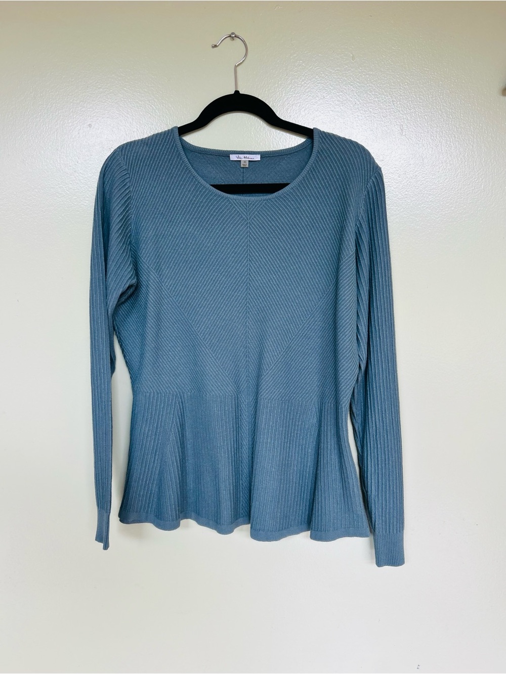 Blue Ribbed Peplum Long Sleeve Top by Nic+Zoe